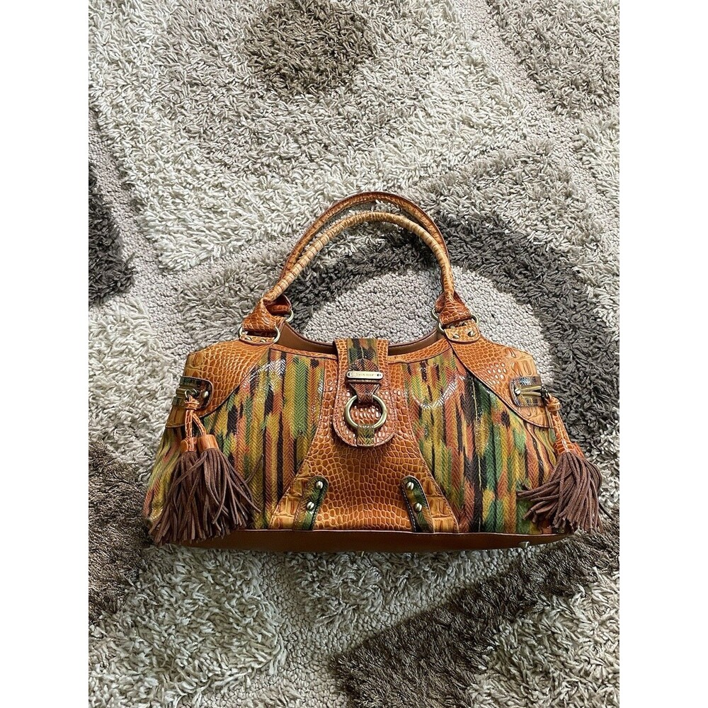 VTG Boho Statement Handbag Southwest Ikat Print Tribal Croc Leather Tassels Y2K